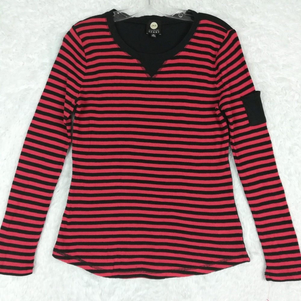 Jones New York‎ Sport Womens Top Henley Thermal Red Black Stripe Petite PS New